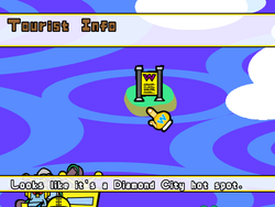 Location of Tourist Info sign of Floating Voices in WarioWare: Smooth Moves, found when zoomed in on the Diamond City (single player menu) map