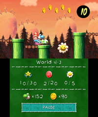 Smiley Flower 1: Light Blue Yoshi can use a shell from a Koopa Paratroopa to spit out and defeat the line of enemies in its path, revealing a hidden Winged Cloud in the pipes on the gap, which contains the Smiley Flower.