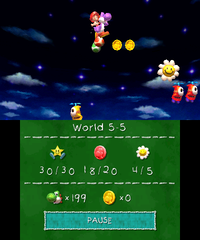 Smiley Flower 5: On top of an area with rows of Fly Guys. Purple Yoshi can use the Spring Ball spawned by a Winged Cloud or other enemies to reach the higher areas, though the Fly Guys need to be used as platforms to reach the Smiley Flower. These Fly Guys respawn if the player retries.