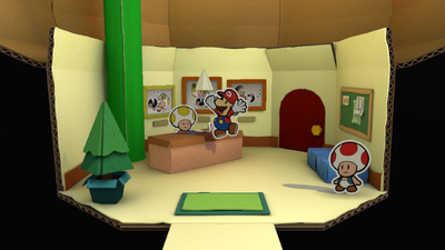 Mario being given the Sharp Spike by the Professor in Château Chanterelle of Paper Mario: Color Splash.