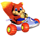Conker's drives a Car in Diddy Kong Racing.