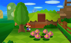 Mario near a tree containing 5 Coins in Hither Thither Hill of Paper Mario: Sticker Star.