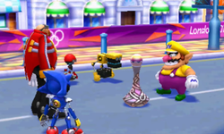 Wario gives Dr. Eggman the fog urn while Metal Sonic, Orbot, and Cubot watch