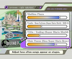An earlier version of the "My Music" menu of Super Smash Bros. Brawl, which shows the "Castle/Boss Fortress" theme as an available song in the Delfino Plaza stage.