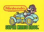A sticker of Mario riding a car and a green Super Mario Bros. logo from the Nintendo Game Pack tip card #33