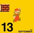 Super Mario Bros. anniversary: Mario, in his appearance from Super Mario Bros., runs under some blocks before stopping and jumping. This appears on September 13, the game's anniversary.