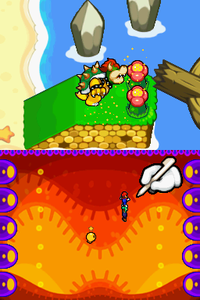 Mario, Luigi and Starlow in the Nose Deck inside Bowser's body, with Bowser in Bumpsy Plains