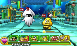 Screenshot of a Gold Goomba in Special World 2-4, from Puzzle & Dragons: Super Mario Bros. Edition.