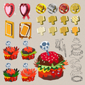 Concept art of various items including a Magma Burger as seen in the Prisma Museum.