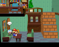The light blue Toad kid on the first floor of the easternmost house in the west scene of Rogueport.