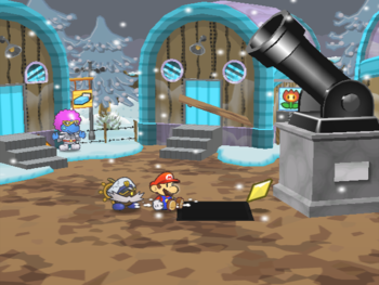 Mario getting the Star Piece under the hidden panel to the left of the cannon in Fahr Outpost in Paper Mario: The Thousand-Year Door.