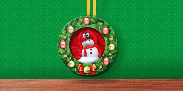 Presentation graphic of a printable Super Mario Odyssey-themed holiday decoration featuring Cappy