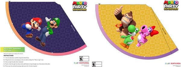 Printable sheet for Mario Party Superstars party hats featuring Mario, Luigi, Donkey Kong, Yoshi, and Birdo