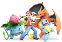 Grouped artworks of the Pokémon Trainer and his Pokémon in Super Smash Bros. Ultimate.