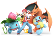 Grouped artworks of the Pokémon Trainer and his Pokémon in Super Smash Bros. Ultimate.