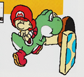 Yoshi and Baby Mario entering a door