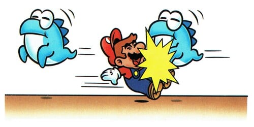 Two Eeries, ghostly stylized dinsoaur creatures, whoosh past Mario, heading to the left. On the right side of the image, the whooshing Eerie is colliding with Mario, seemingly unbothered and maintaining the same pose and demeanor of the Eerie on the left. A large cartoonish yellow impact star is partially overlaid over the Eerie and Mario. Mario appears to be falling backwards onto his rear, wincing in pain, and his hat is falling off his head.
