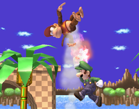 Luigi using his Super Jump Punch on Diddy Kong in Super Smash Bros. Brawl