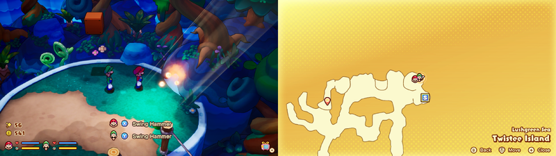 Mario and Luigi near a Sprite Bulb Nest on Twistee Island of Mario & Luigi: Brothership.