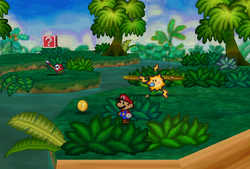 Mario finding a Coin from a bush in Jade Jungle of Paper Mario.