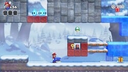 Screenshot of Slippery Summit Plus level 6-3+ from the Nintendo Switch version of Mario vs. Donkey Kong