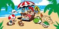Mario, Toad, Yoshi, a Koopa Troopa, a Blooper, and a Sidestepper at a beach
