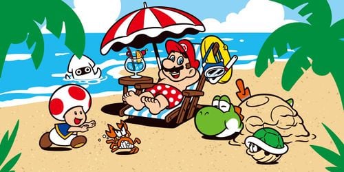 Mario, Toad, Yoshi, a Koopa Troopa and a Blooper at a beach.