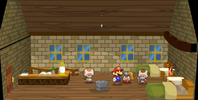 A Toad, Mario, Goombella and Toadsworth in the Rogueport Inn.