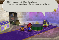 Merluvlee introduces herself to Mario in Paper Mario