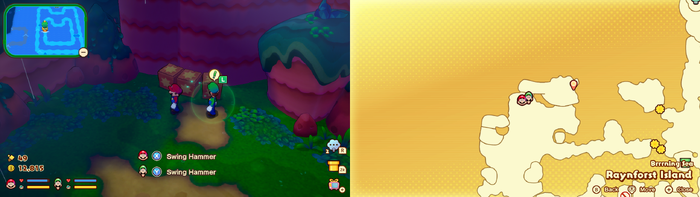 Mario and Luigi near wooden crates containing a Syrup Jar on Raynforst Island of Mario & Luigi: Brothership.