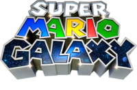 The official Japanese wordmark for Super Mario Galaxy. 'Please note that it while this wordmark may bare a superficial resemblance to the English logo, there is stylized white katakana text underneath the word "galaxy" that may be difficult to see in some displays. This is not present in western releases of this logo.