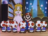 Mario and Peach meeting the seven Toads in Super Mario Shirayuki-hime