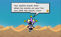 Dimentio taunting Mario before leaving him to fight Fracktail in Super Paper Mario.