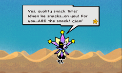 Dimentio taunting Mario before leaving him to fight Fracktail in Super Paper Mario.