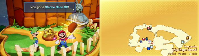 Mario and Luigi getting a Stache Bean DX from the Golden Grampy Turnip on Shipshape Island from Mario & Luigi: Brothership.