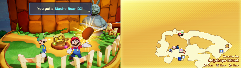Mario and Luigi getting a Stache Bean DX from the Golden Grampy Turnip on Shipshape Island from Mario & Luigi: Brothership.