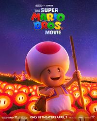 Poster for The Super Mario Bros. Movie featuring Toad, Mario and Princess Peach