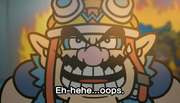 Wario realising what he did before noticing the group's angers