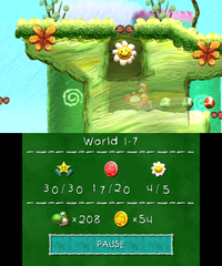 Smiley Flower 5: Seen under a platform after Red Yoshi passes by several pipes, Stilt Guys and an Eggo-Dil. Red Yoshi must fall into a gap right after the flower (before a pipe) and follow a trail of coins into a hidden area, where it can jump to grab the Smiley Flower.