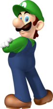 Artwork of Luigi for Dance Dance Revolution: Mario Mix (reused in Mario & Sonic at the Olympic Games, Mario Kart Wii, Fortune Street, and Mario & Sonic at the Rio 2016 Olympic Games Arcade Edition)