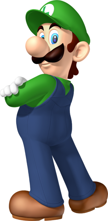 Artwork of Luigi for Dance Dance Revolution: Mario Mix (reused in Mario & Sonic at the Olympic Games, Mario Kart Wii, Fortune Street, and Mario & Sonic at the Rio 2016 Olympic Games Arcade Edition)