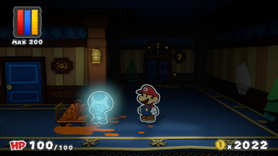 Mario near the revealed ghost in the second floor hallway of Dark Bloo Inn of Paper Mario: Color Splash.