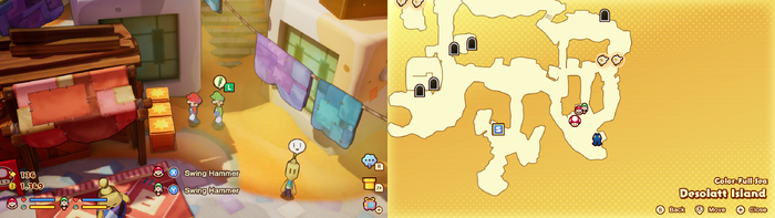 Mario and Luigi near wooden crates containing a Five Coin on Desolatt Island of Mario & Luigi: Brothership.