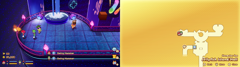 Mario and Luigi near a Sprite Bulb Nest on Jellyfish Island of Mario & Luigi: Brothership.
