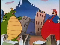 Mario and King Koopa (as "Koop-zilla") as giants in the "Mario Meets Koop-zilla" episode of The Super Mario Bros. Super Show!