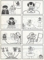 Mario gets revenge on hosts of the minigames in Mario Party in Shy Guy Says and Mushroom Mix-Up