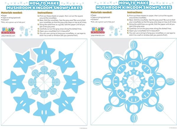 Printable sheets for two Mario-themed snowflakes