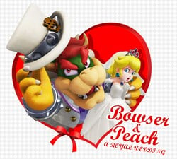 An artwork of Bowser and Peach's royal wedding.