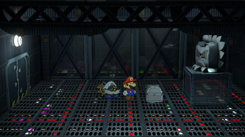 Third treasure chest in the X-Naut Fortress in the remake of Paper Mario: The Thousand-Year Door for the Nintendo Switch.