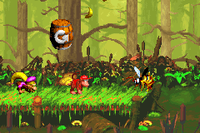 Diddy and Dixie Kong encountering the first Zinger of Barrel Bayou in Donkey Kong Country 2 for Game Boy Advance.